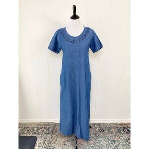 VTG 90s Tagwear Denim Maxi Dress Womens S Blue Cotton Short Sleeve‎ cottagecore